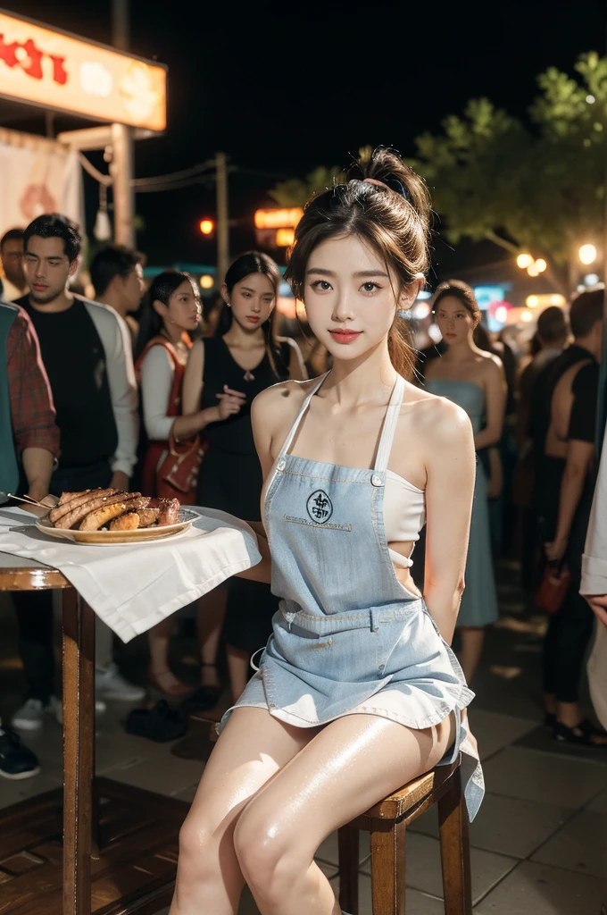 (((best quality))),(((ultra detailed))),(((masterpiece))),illustration,((1 beautiful girl,solo)),((slim,thin)),((small breasts,flat chest)),summer night,metropolis,((barbecue joint)),humble,vibrant energy,city that never sleeps,(short ponytail:1.2),(((female orgasmic,blush))),(sweat:1.3),(shiny skin:1.5),(sheer apron:1.3),((bare shoulders,bare arms)),(gloves:1.3),((slender legs,sneakers)),(sitting on the chair:1.3),((arms behind back)),lightweight,practicality,((sizzling hot grill)),smooth,tanned skin,soft glow,skillfully,((skewers,meat)),intense concentration,bright eyes,alert,passion for work,atmosphere,vibrant,dynamic,laughter,conversation,sizzle,crackle,aromatic scent,tinged,radiant smile,genuine enjoyment,easy manner,warm presence,community,dedication,beauty in simplicity,midst of bustling city streets,outdoor,midnight,((from front,full body)),(surrounded by crowded crowds:1.3)