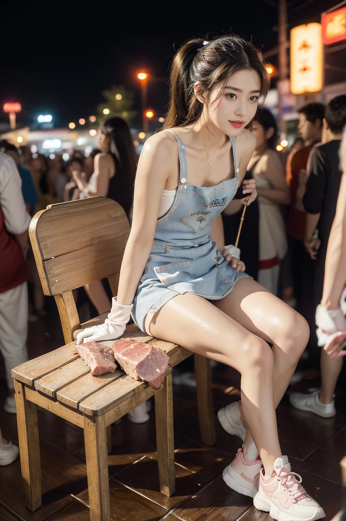 (((best quality))),(((ultra detailed))),(((masterpiece))),illustration,((1 beautiful girl,solo)),((slim,thin)),((small breasts,flat chest)),summer night,metropolis,((barbecue joint)),humble,vibrant energy,city that never sleeps,(short ponytail:1.2),(((female orgasmic,blush))),(sweat:1.3),(shiny skin:1.5),(sheer apron:1.3),((bare shoulders,bare arms)),(gloves:1.3),((slender legs,sneakers)),(sitting on the chair:1.3),((arms behind back)),lightweight,practicality,((sizzling hot grill)),smooth,tanned skin,soft glow,skillfully,((skewers,meat)),intense concentration,bright eyes,alert,passion for work,atmosphere,vibrant,dynamic,laughter,conversation,sizzle,crackle,aromatic scent,tinged,radiant smile,genuine enjoyment,easy manner,warm presence,community,dedication,beauty in simplicity,midst of bustling city streets,outdoor,midnight,((from front,full body)),(surrounded by crowded crowds:1.3)