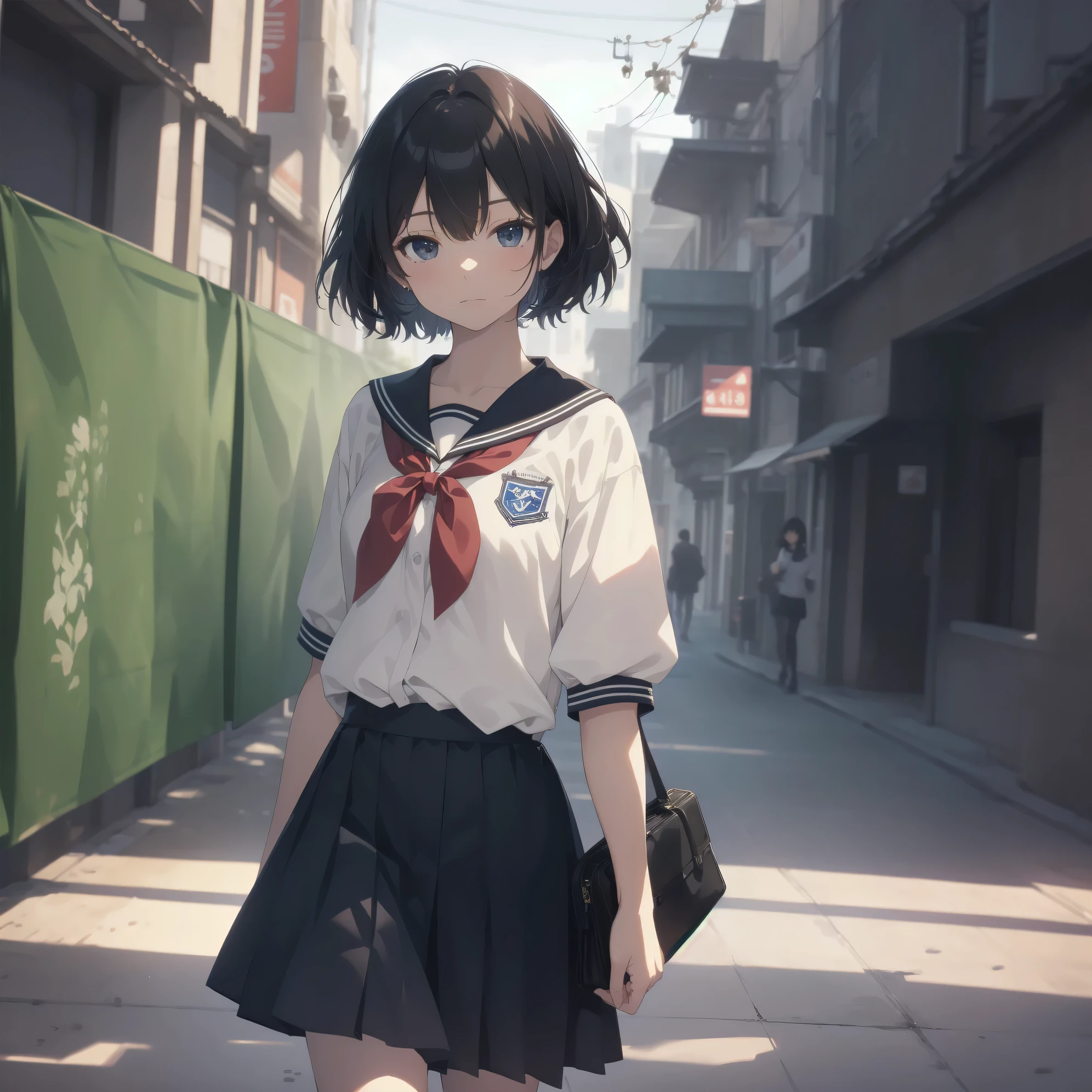 ultra-absurdres-Top quality by artist God, ultra-detailed, high resolution, anime moe artstyle, best anime 8k konachan wallpaper, pixiv contest winner, pool:2810, perfect anatomy,break, 1girl, (Please draw a girl walking sleepily to school alone. )break,(Solo,little female, 13-year-old:1.3),Full limbs, complete fingers,a junior high school student, (very short hair), short cut, flat chest, , small butt, small black eyes, beautiful detailed eyes, well-proportioned iris and pupils, expressive eyes, highres detailed hair, soft expression, salor school_uniform, sailor collar, serahuku, bow, pleated skirt,(Detailed Lighting), (Detailed background), in the School commute route. break,super detailed skin, Best cinematic lighting powered by famous artist, 8k,beauty illustration,photoshop_(medium),very aesthetic,break,((artist:yamamoto_souichirou )), artist:clamp ,artist:carnelian ,artist:kantoku ,
