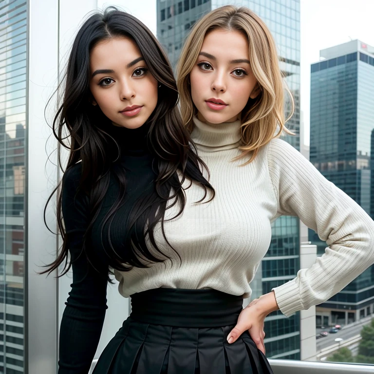  best resolution, close-up shot, woman with two heads, blonde french woman next to black woman, talking, turtle neck sweater, high-waist skirt, skyscraper background