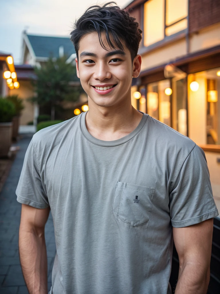 (best quality, 4K, 8K, high resolution, Masterpiece: 1.2), Special details, (realistically, As realistic as a photo, photo realistic: 1.37), Edge lighting, Extra detailed coloring, sharp focus, Physical rendering ,Extremely detailed description,professional,light color,Bokeh,Portrait,look at the viewer,
Young Asian man, 20 years old ,(Wear a gray T-shirt.), smile