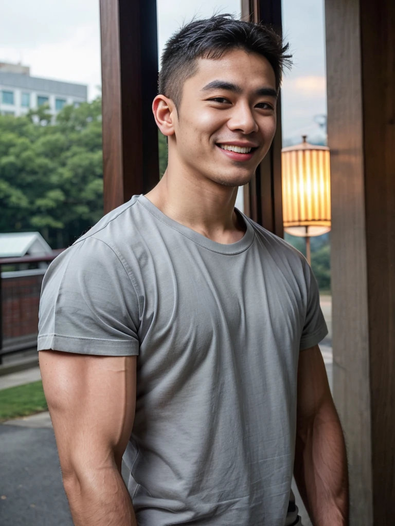 (best quality, 4K, 8K, high resolution, Masterpiece: 1.2), Special details, (realistically, As realistic as a photo, photo realistic: 1.37), Edge lighting, Extra detailed coloring, sharp focus, Physical rendering ,Extremely detailed description,professional,light color,Bokeh,Portrait,look at the viewer,
Young Asian man, 20 years old ,(Wear a gray T-shirt.), smile