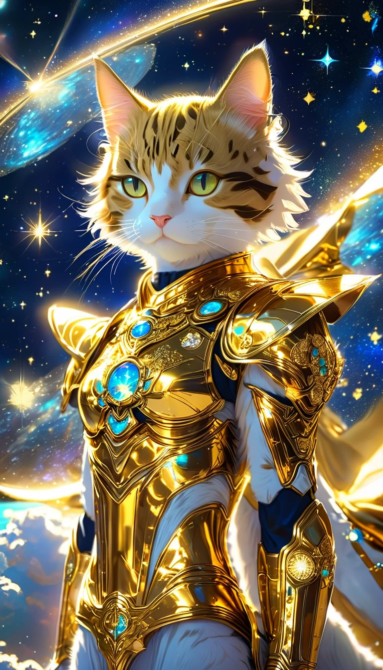 ((8K)), highest quality, 超High resolution, (High resolution),A cat dressed in the outfit of a Gold Saint from the anime Saint Seiya, floating in the vast expanse of outer space. The cat's armor shines brightly, reflecting the stars around it