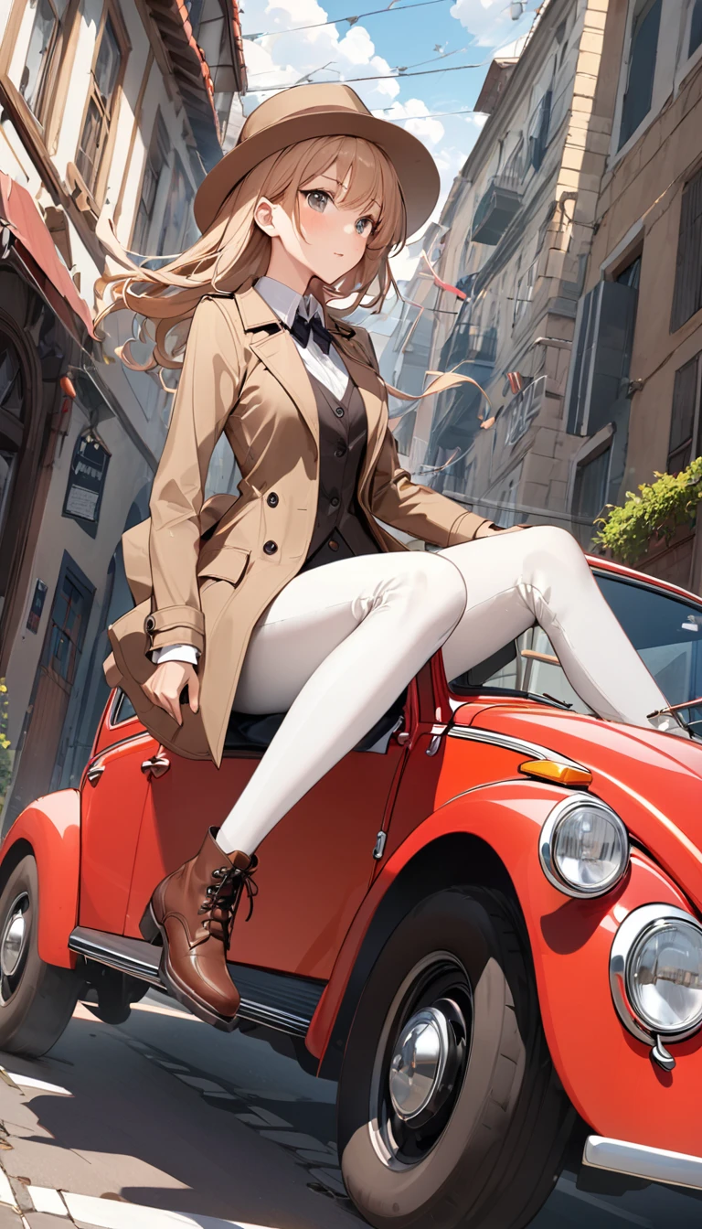 BREAK Perfect Anatomy、(High resolution:1.2)、Incredible illustrations、(Cute illustrations:1.2)、(dynamic angle,)
(Beautiful background())
1girl(Fedoras, trench coats, vests, slacks, riding boots,1girl((a girl,slender 1.7meters, 50kg,Drive a red Volkswagen Bug