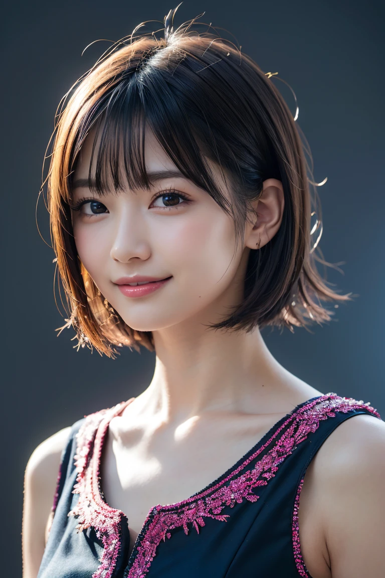 1 girl,(wearing colorful stage costume:1.2),very beautiful japanese idol portrait,close up of face,(RAW photo,best quality),(real,realistic:1.4),(masterpiece),very delicate and beautiful,very detailed,2k wallpaper,amazing,finely detailed,highly detailed CG Unity 8K wallpaper,very detailed,high resolution,soft light,beautiful detailed girl,very detailed eyes and face,beautiful refined nose,finely beautiful eyes,cinema lighting,(simple light color background:1.3),(short hair),(bob),full anatomy,slender body,small breasts,smiling
