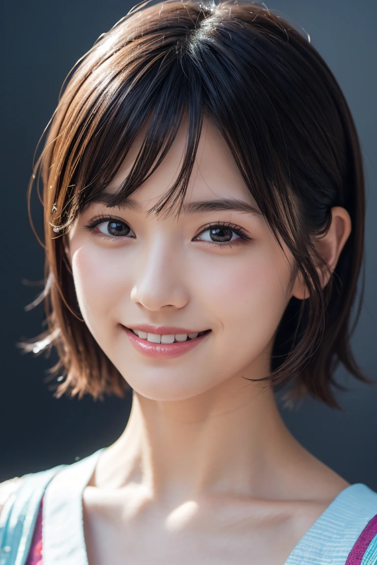 1 girl,(wearing colorful stage costume:1.2),very beautiful japanese idol portrait,close up of face,(RAW photo,best quality),(real,realistic:1.4),(masterpiece),very delicate and beautiful,very detailed,2k wallpaper,amazing,finely detailed,highly detailed CG Unity 8K wallpaper,very detailed,high resolution,soft light,beautiful detailed girl,very detailed eyes and face,beautiful refined nose,finely beautiful eyes,cinema lighting,(simple light color background:1.3),(short hair),(bob),full anatomy,slender body,small breasts,smiling