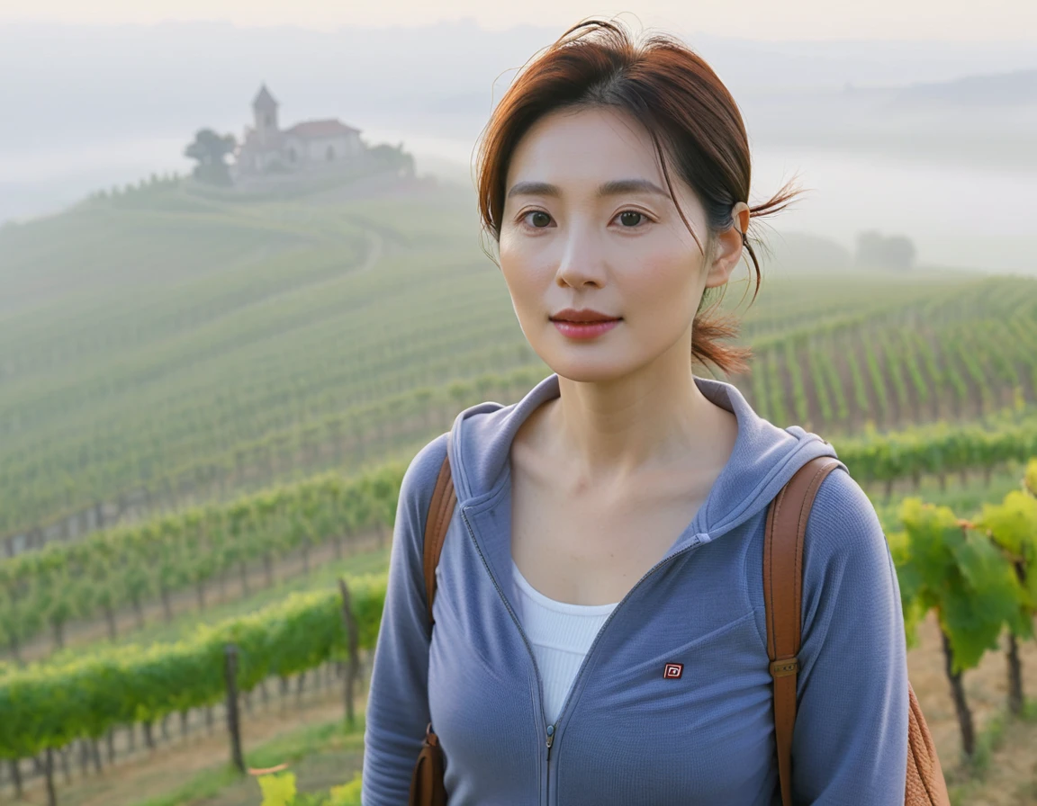 8k best picture quality, Beautiful 36-year-old Korean woman, short and nice weather. Chest size 34 inches, Dense fog at dawn in the Italian countryside, past the vineyard, The cathedral is visible in the fog in the distance., The back background is realistic and vivid quality., Short and medium hair blowing in the wind,Wear comfortable clothes for traveling, a faint smile. the background is clear, Short and slim Korean woman, stand far away, Photo taken with a wide-angle lens, Taken from a hill overlooking a misty vineyard