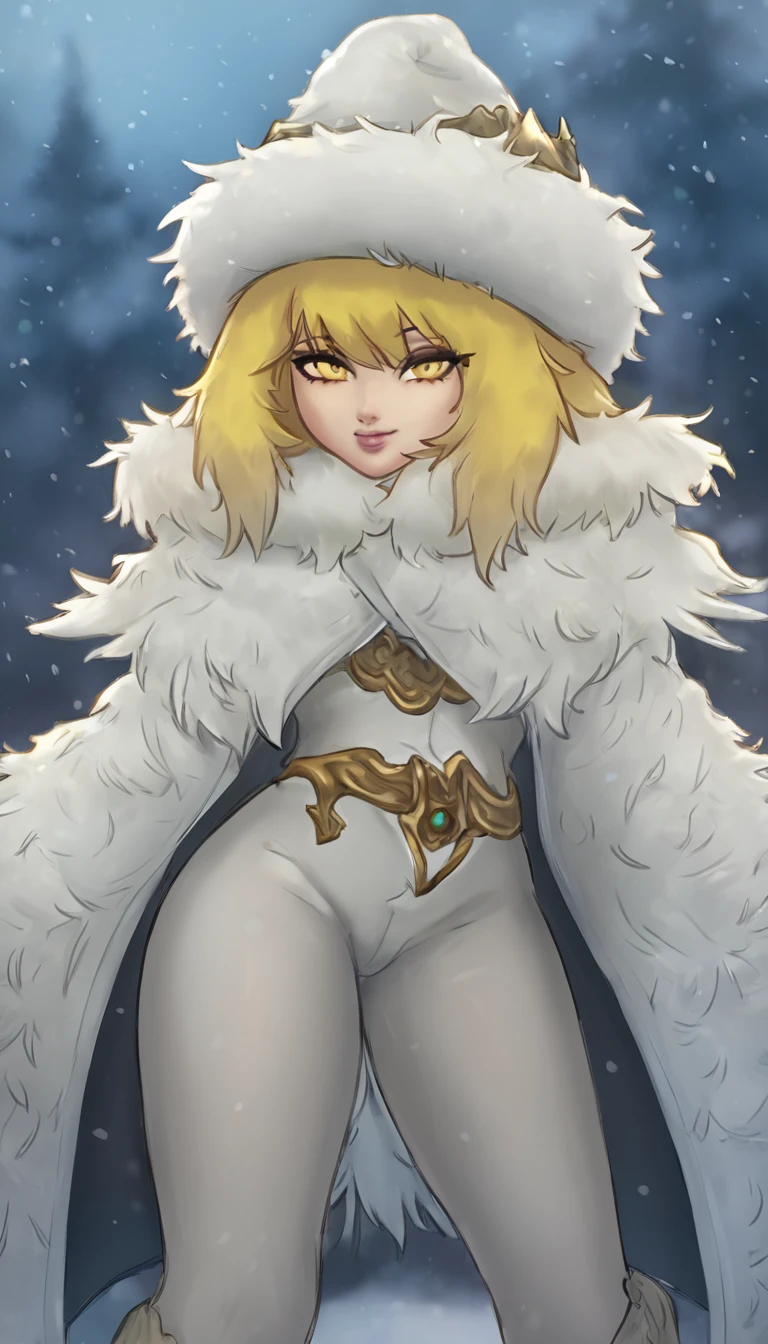Young woman with yellow hair in fluffy outfit and fluffy hat, Fantasy character art, Awesome character art, Epic fantasy character art, HD fantasy art, Epic exquisite character art, Realistic fantasy artwork, Fantasy woman, Epic fantasy art style HD, Fantasy character, Digital fantasy art), Fantasy style art, Detailed fantasy art, High quality Fantasy Art, Fantasy Outfit, Digital 2D Fantasy Art