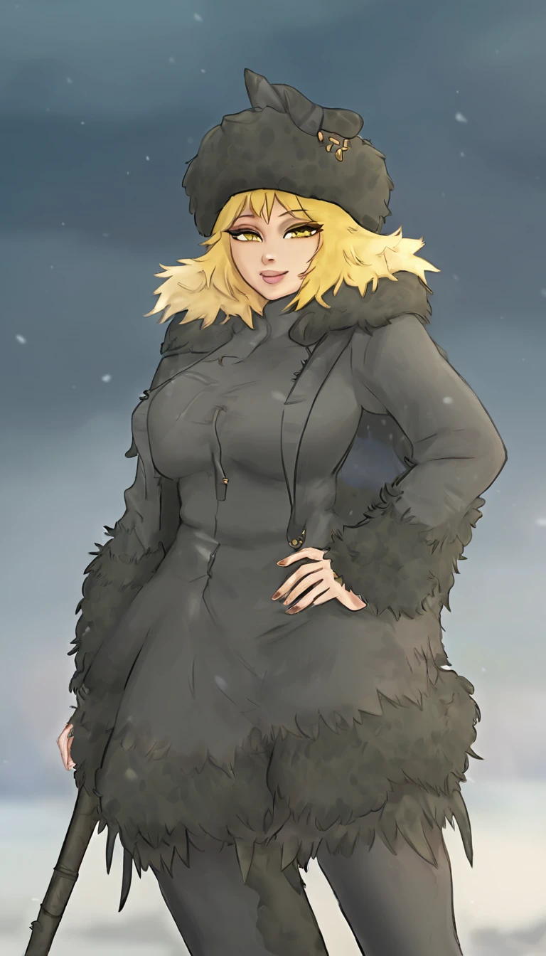 Young woman with yellow hair in fluffy outfit and fluffy hat, Fantasy character art, Awesome character art, Epic fantasy character art, HD fantasy art, Epic exquisite character art, Realistic fantasy artwork, Fantasy woman, Epic fantasy art style HD, Fantasy character, Digital fantasy art), Fantasy style art, Detailed fantasy art, High quality Fantasy Art, Fantasy Outfit, Digital 2D Fantasy Art