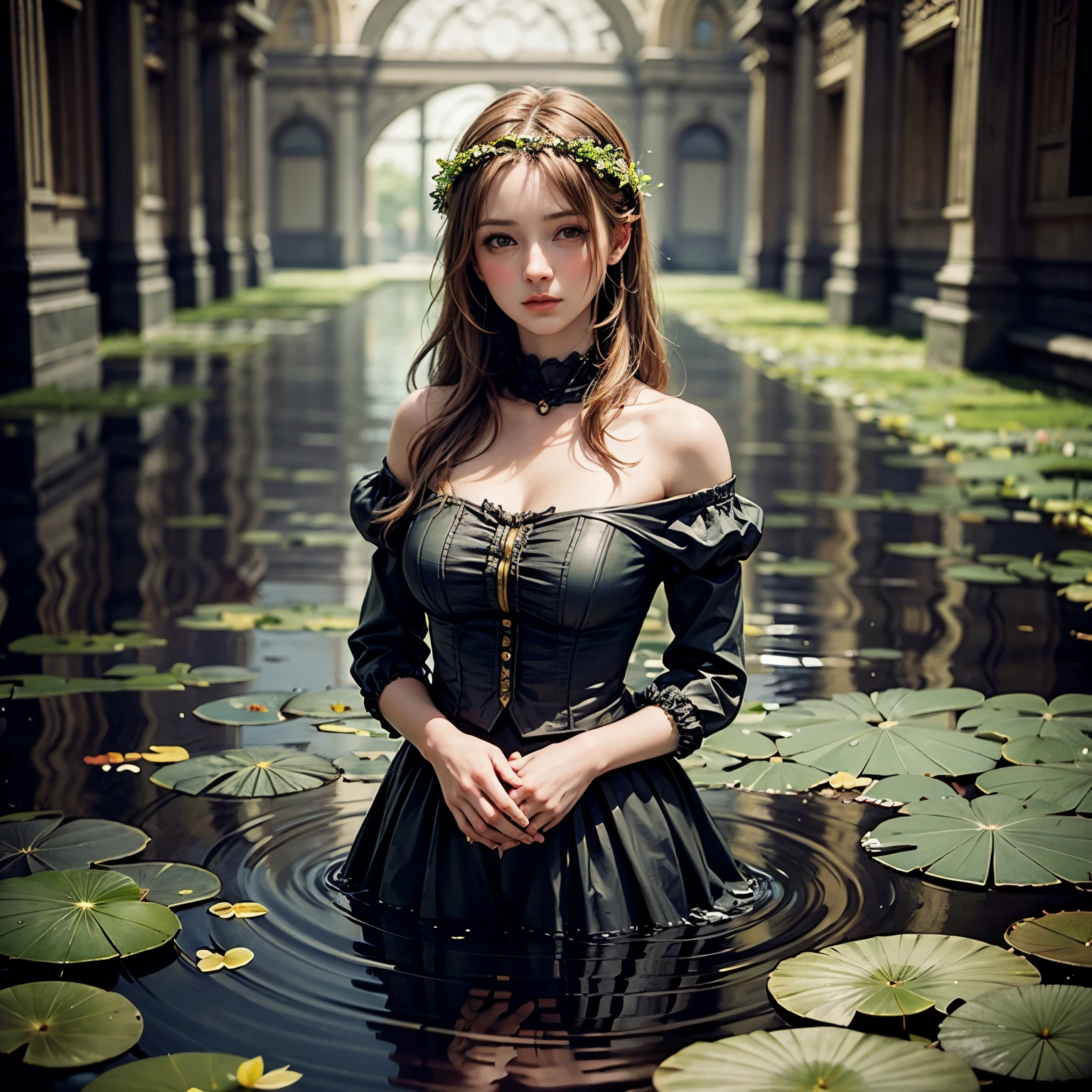 Beautiful girl floating on a river, long flowing hair, gentle expression, water lilies and flowers, lush green foliage, atmospheric lighting, classical painting style, muted color palette, cinematic composition, photorealistic, highly detailed BREAK (((Ophelia BY John Everett Millais )))