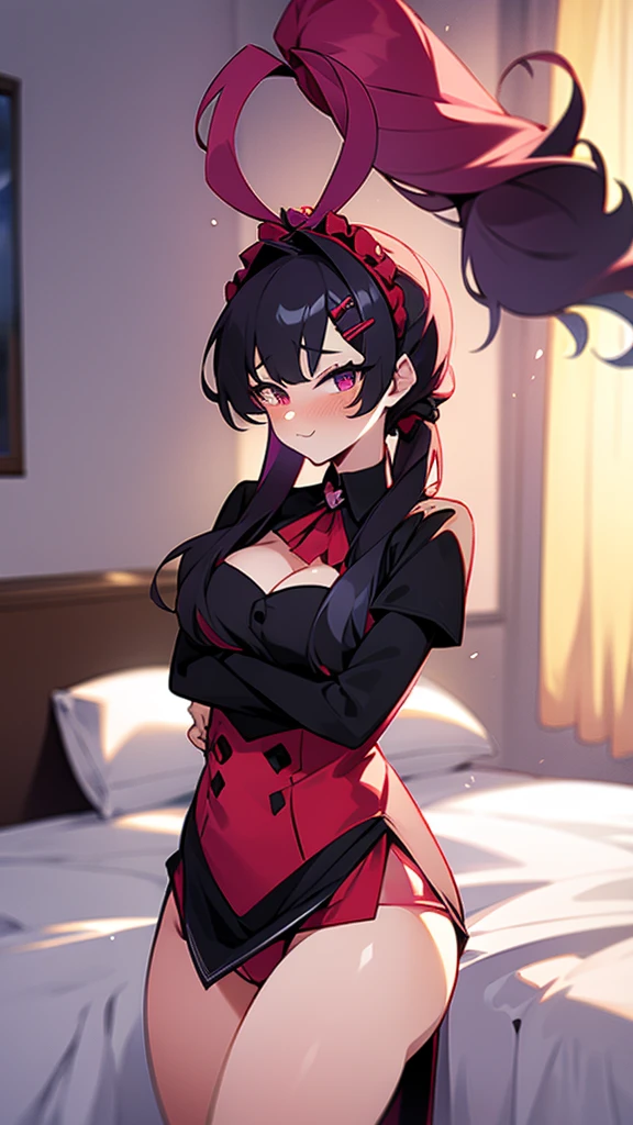high tail hairstyle, Ponytail hairstyle, Long wavy black hair, standing posing, anime girl style, pixel art anime style,penetrating look with deep eyes,red and purple eyes, hair with a ponytail hairstyle trapped with a big red bun, Women, red hair clips, x color shaped hair clips , smiling face blush, next to his bed , lingerie, sexy maid costume, , Black hair, 