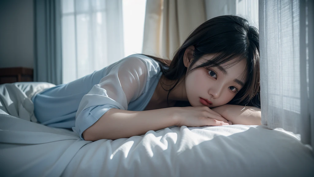 25 year old Korean woman, dimly lit room, Soft, diffused light seeps through thin curtains., The atmosphere is gloomy and has a subtle blue tint., The woman is shedding tears.