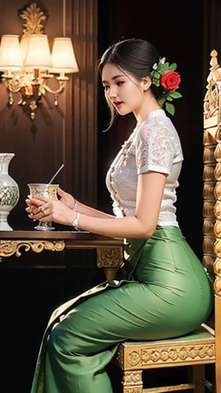 MMTD Burmese patterned traditional dress lady full body details, nice face, fair skin, traditional royal white dress, wearing Parel necklaces, traditional hair style, long scarf on shoulder, sitting on traditional style golden chair look like throne, traditional water jar , cup on tray on a classic table nearby, best composition, full view covered shot, cenimatic lightning and ultra realistic details, octane rendering, sharp focus, unreal engine,32k hd resolution, masterpiece of photography, prize winning award level picture, perfect anatomy