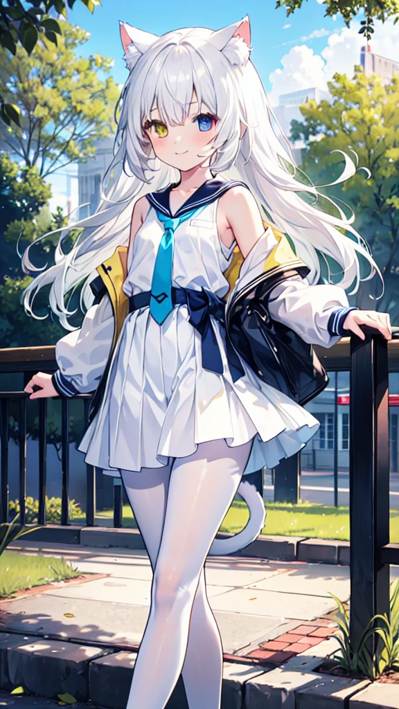 White hair，Cat ear，Long hair，Heterochromia(Left blue right yellow)，Smile，There are bright spots in the eyes，flat chest，Sailor Suit，White skirt，White pantyhose，in the park，Alone，Blue tie