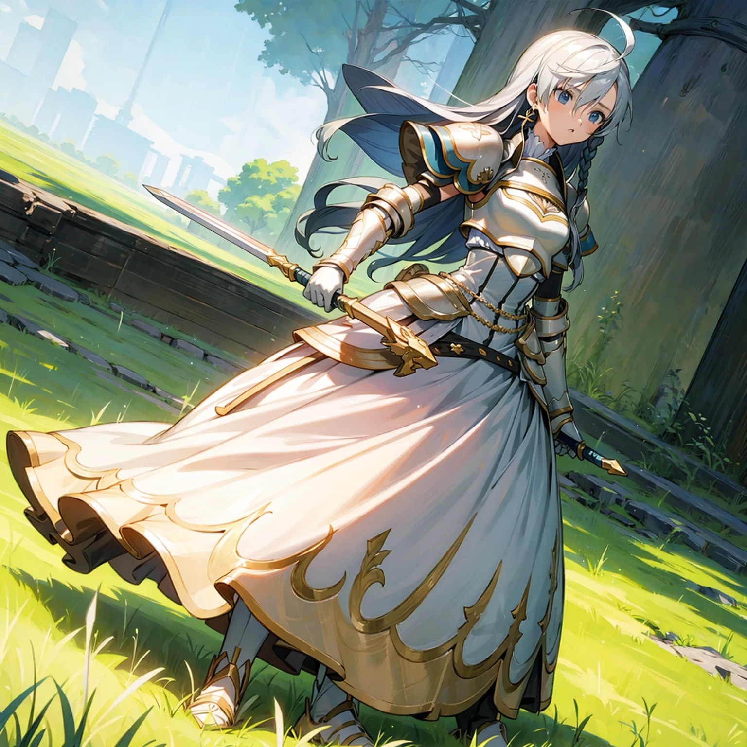 1girl, Full body version, 1character, girl version, blue eyes color, long haircut, (white colour hair), formal style clothing, medieval gold armour, one gold sword in hand, Grassroots, background in green field, motion blur, battle gesture, lighting sword, smoke, fire lighting, fire, masterpiece, (Hunter x Hunter style)