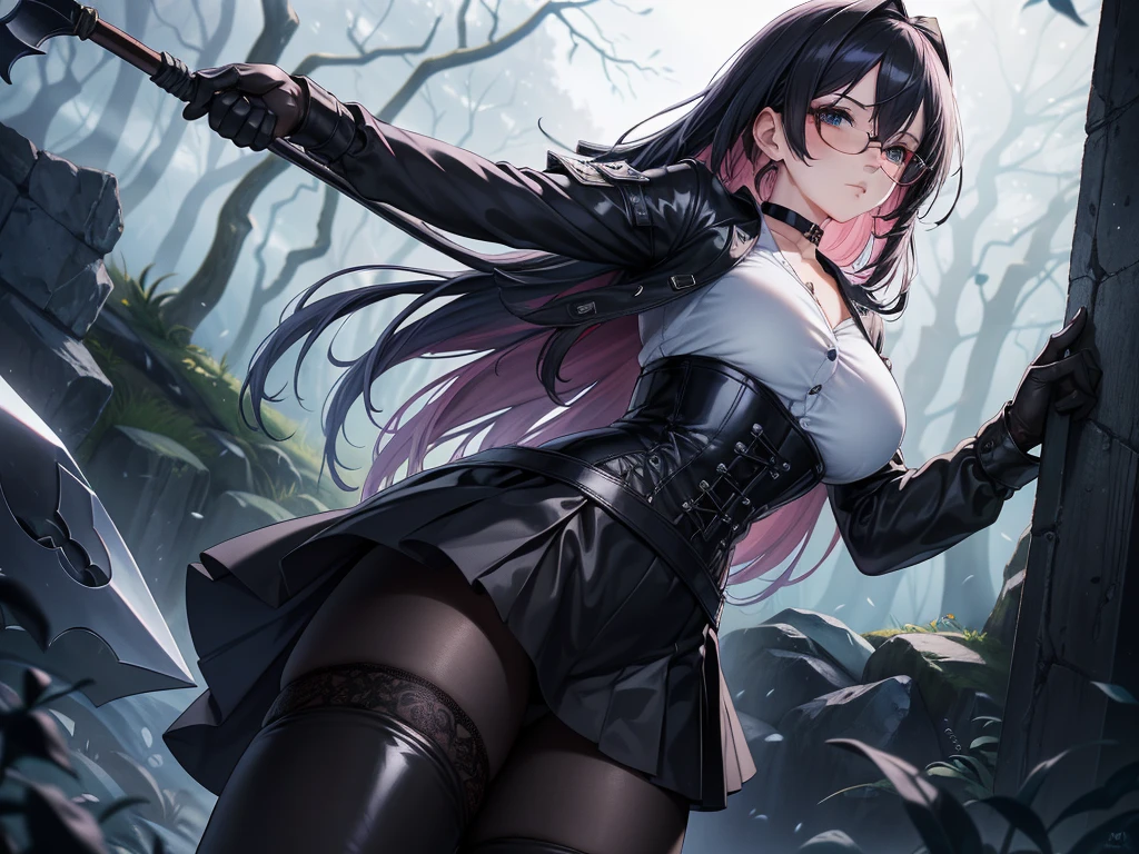 Masterpiece, Beautiful art, professional artist, 8k, art style by sciamano240, Very detailed face, Detailed clothing, detailed fabric, 2 girls, perfectly drawn body, fighting pose, beautiful face, long hair, blue eyes, very detailed eyes, pink cheeks, shy expression, glasses, choker:1.6, (long sleeve white collar buttoned shirt), black gloves, gloves covering hands, (holding an ax in the right hand), (black leather corset), (shiny black leggings), (black miniskirt), sensual lips , evening de invierno, show details in the eyes, view from front, looking at the viewer, dark path, dark forest, evening, Atmosphere, fog
