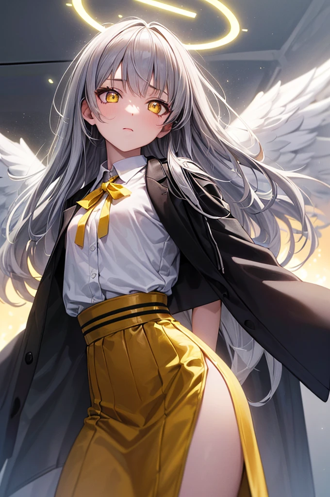 (masterpiece, Highest quality:1.3), (Super detailed:1.3), One girl, alone, (Gray Hair, Messy Hair, Long Hair), (Angel Wings, Angel Halo), Flat Chest, Yellow Eyes, (White shirt, Black tie, Black coat, Open Court), Cowboy Shot, Cinema Lighting, (((Glowing light particles))), (Put your arms behind your back), Dynamic Angle,