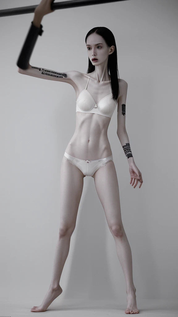 a woman, very thin body, body visible bones, very slender,sweaty weat body, pale white skin, panties, bra,tatto, full body, has a mental breakdown in underground prison