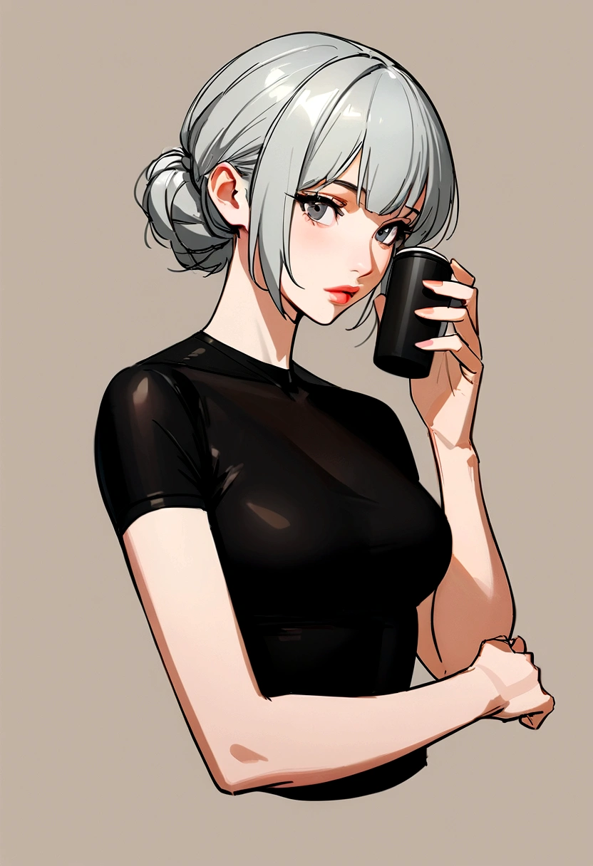 Close up portrait of a woman with short gray hair, Photo by Yanjun Chen, tumbler, Minimalism, Tight shirt, wearing Tight shirt, Black Top, Wearing a black T-shirtいる, wear tight, simple clothes, V-shaped clothing with an open neckline, Wearing a black T-shirt, Wearing a black T-shirtいる, Low cut top, wearing a black shirt, black shirt anime アニメ