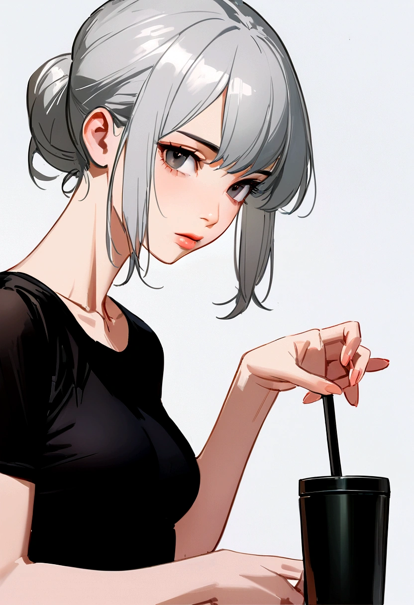 Close up portrait of a woman with short gray hair, Photo by Yanjun Chen, tumbler, Minimalism, Tight shirt, wearing Tight shirt, Black Top, Wearing a black T-shirtいる, wear tight, simple clothes, V-shaped clothing with an open neckline, Wearing a black T-shirt, Wearing a black T-shirtいる, Low cut top, wearing a black shirt, black shirt anime アニメ