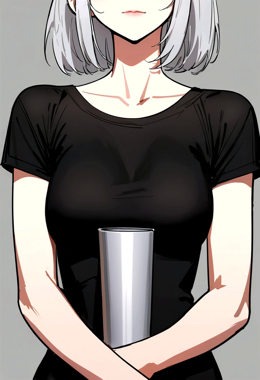Close up portrait of a woman with short gray hair, Photo by Yanjun Chen, tumbler, Minimalism, Tight shirt, wearing Tight shirt, Black Top, Wearing a black T-shirtいる, wear tight, simple clothes, V-shaped clothing with an open neckline, Wearing a black T-shirt, Wearing a black T-shirtいる, Low cut top, wearing a black shirt, black shirt anime アニメ