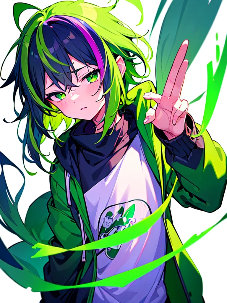 [(WHITE BACKGROUND:1.5),::5], ((((masterpiece)))), high quality, ultra very high resolution, full color, (((solo))), (()), Purple hair, ((Green streaked hair)), (Green eyes), anime, ((upper body)), neon light, black parka, 