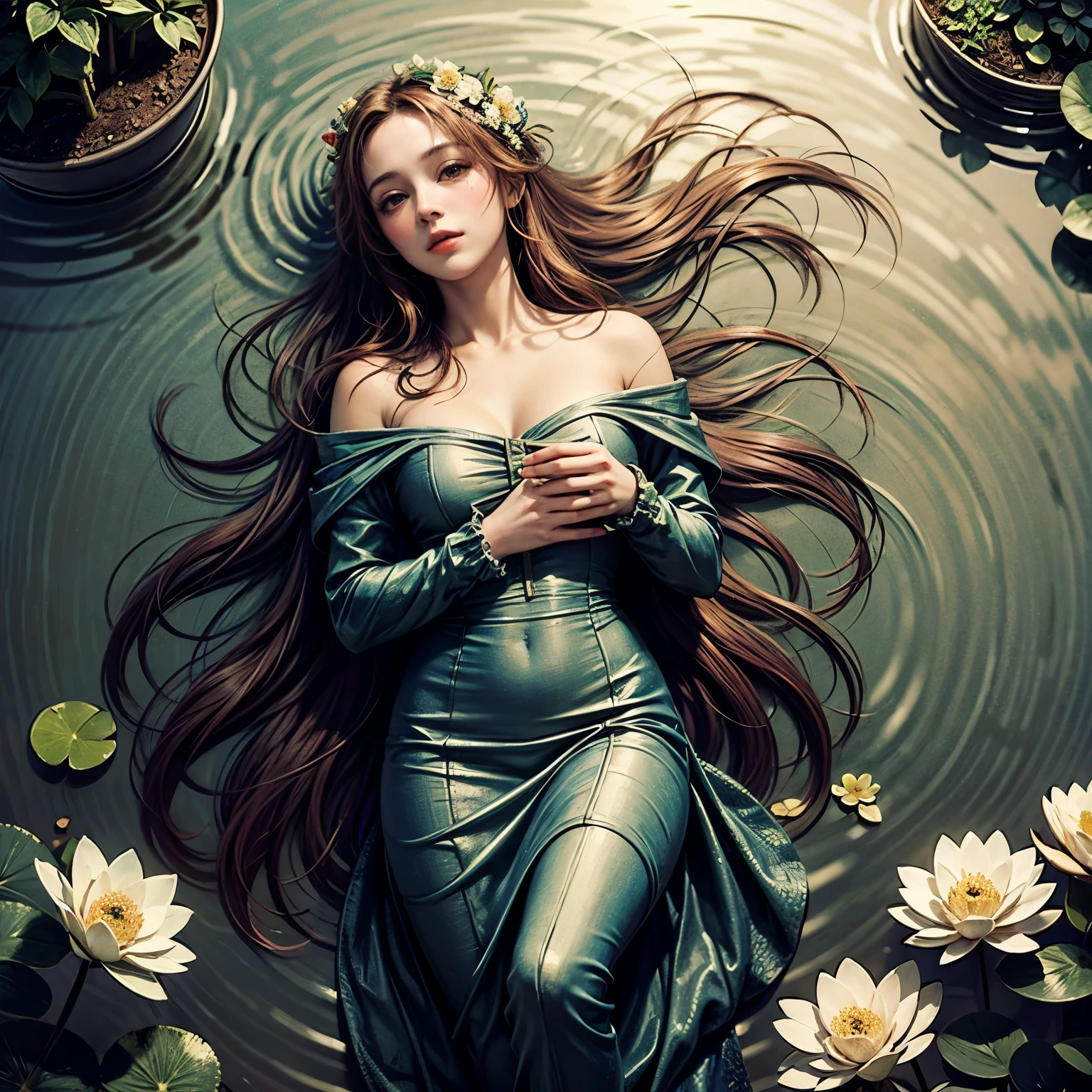 Beautiful girl floating on a river, long flowing hair, gentle expression, water lilies and flowers, lush green foliage, atmospheric lighting, classical painting style, muted color palette, cinematic composition, photorealistic, highly detailed BREAK (((Ophelia BY John Everett Millais )))
