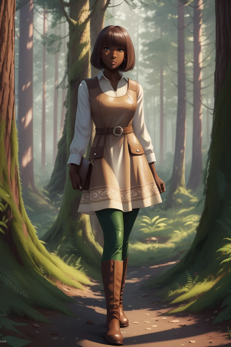 masterpiece, absurdres, 1girl, cowboyshot, tachi-e, mature woman, best aesthetics, small breasts, narrow hips, thin thighs, dark hair, narrow eyes, slanted eyes, brown skin, knee-length dress, round nose, very detailed face, clean lines, dynamic pose, anatomically correct, hyperdetailed, forest atmosphere, beige eyeshadow, clean makeup, violet eyes, detailed hair, sparkling eyes, nature, magic, fantasy, medieval, high fantasy, leather leggings, comfy, cozy, tsurime eyes, SFW, tunic dress, arms by side, outdoors, trees in background, simple bob haircut, messy bangs, hair framing face, straight hair, elf, adult woman, brown dress, green vest, inked comic, comic art, ankle boots, cell shading, cartoon style, tanned skin, broad shoulders, leather satchel, forest mage, dark skin