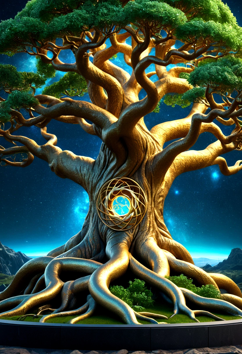yggdrasil tree, gold, neon, magic, infinity, beautiful, realistic, high detail, high resolution