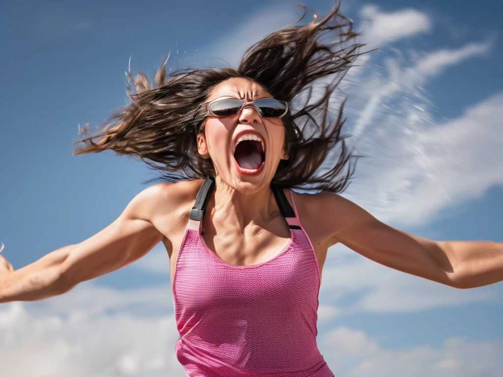 Depict a comic scene female with supersonic wind in the face, the high speed wind hitting directly deforming her chicos and mouth in a funny way, full shot, cheeks and skin waving, speed photography,