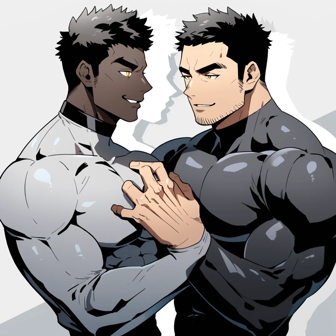 anime characters：Two superheroes in tights, Muscle superhero, negro black skin, They hugged and kissed each other, Bite your neck, Caress, Manliness, male focus, Yellow and black high collar long sleeve tight T-shirt, Slightly transparent material, Very tight, Round, full and perky chest muscles, Muscle waist, Slightly transparent, muscular male, muscular, only, Upper body, alone, Black short hair, Thick eyebrows, stubble, Yellow eyes, Grey background, simple background, amazing quality, best aesthetics, Ridiculous, bright pupils, crew cut, parted lips, seductive smile, torogao, naughty face, drop shadow, best quality