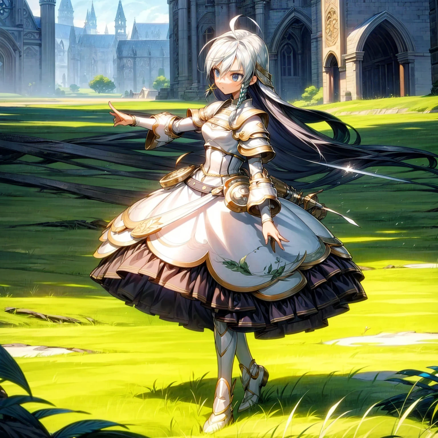 1girl, Full body version, 1character, girl version, blue eyes color, long haircut, (white colour hair), formal style clothing, medieval gold armour, one gold sword in hand, Grassroots, background in green field, motion blur, battle gesture, lighting sword, smoke, fire lighting, fire, masterpiece, (Hunter x Hunter style)