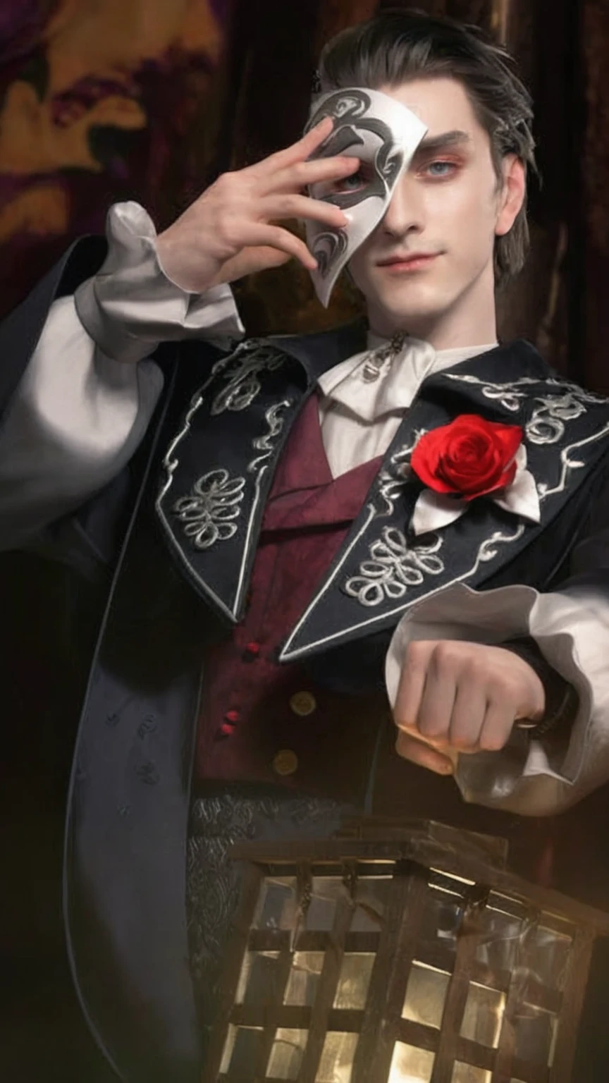 ((a close up of a person phantom of opera, ((wearing aristocrat robe)), delicate androgynous prince, alucard, beautiful androgynous prince, bladee from drain gang, cai xukun, male vampire, handsome male vampire, androgynous vampire, suit with phantom of opera mask(pale skin dark brown hair and grey eyes), delicate androgynous prince, beautiful androgynous prince, caleb from critical role, highly detailed exquisite, handsome guy, highly detailed character, hyperdetailed fantasy character, handsome male vampire, wolfgang lettl highly detailed, detailed character portrait, official character, handsome stunning realistic)),((grey eyes)),official art, unity 8k wallpaper, ultra detailed, aesthetic,((masterpiece)), best quality, photorealistic,((fantasy)),((pale skin)),((man&girl)),((sensual eyes)),((detailed eyes)),((detailed face)),((detailed body)),((badboy face)),((badboy)),((handsome)),((modeling poses)),((model)),((juicy lips)),((kimono)),((perfect hairstyle)),((perfect v shape head)),((free posing)),((posing like model)),((modeling poses)),((cool)),((body)),((50mm lens)),((fullbody)),((longshot picture)),((standing posing)),((androgynous pose)),((standing in background)),((light setting from right)),((head staring at right)),((candid)) Timothée Chalamet