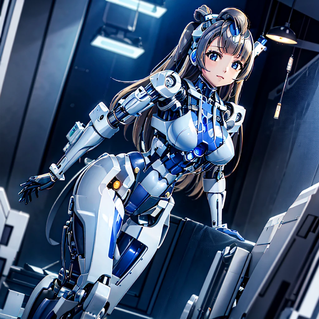 masterpiece, high quality, Inside the Institute of Mechanization、On the operating table during remodeling surgery、Minami Kotori, who has been turned into a mechanical body cyborg、Gynoid cyborg body modification surgery、Blue and white leotard armor、Single image、from the front,Put the whole body