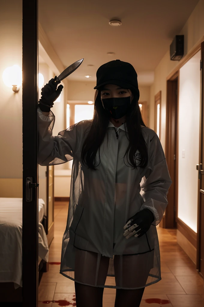 korean girl, (behind corpse, surgical mask), blood splatter, holding knife, stabbing, black gloves, room full of blood, transparent raincoat, hood up, holding knife, gloves, behind corpse, short hair, night, mass murderer, robbery, in the hotel,
