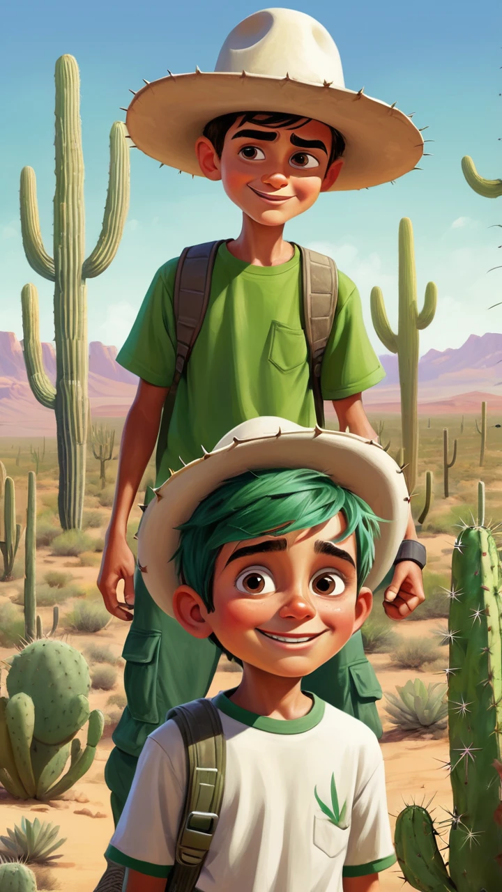 Create a vibrant image of a boy wearing green and white clothes, with a bandit hat on his head. He must have a happy expression on his face as he talks to a tall cactus in the middle of a sunny desert. The cactus may have a curious or friendly expression. The scene should convey a sense of adventure and unusual friendship.