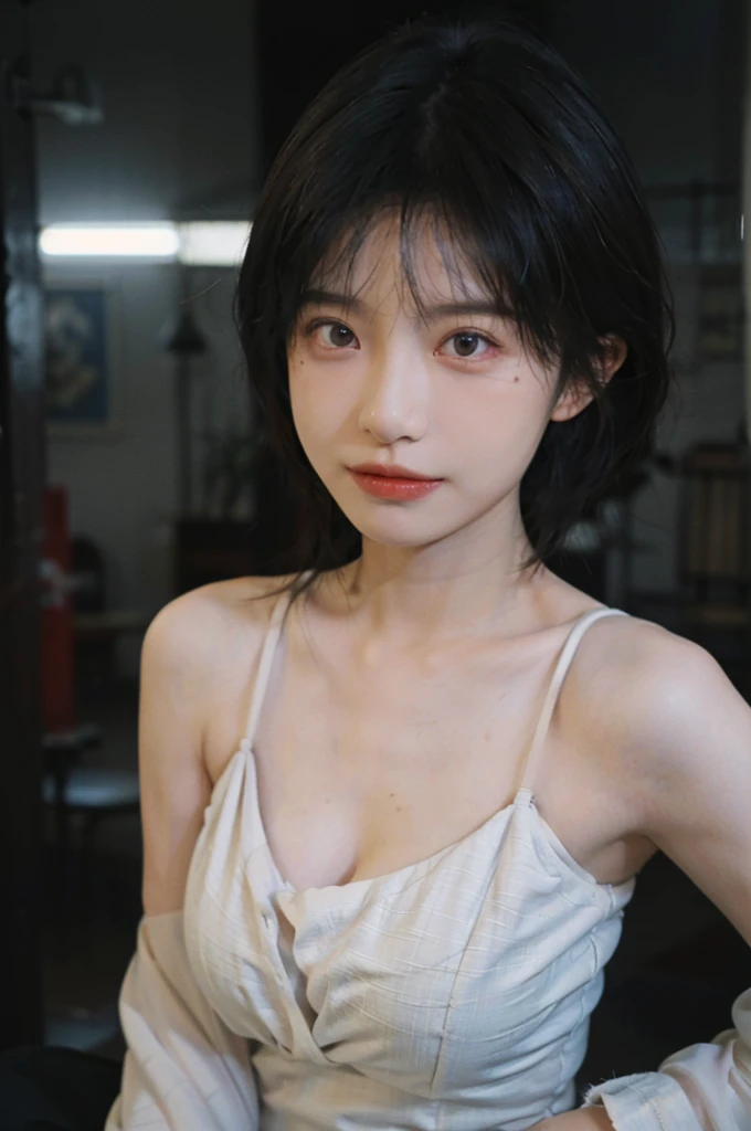 1 girl,Model,Upper Body,short hair,A faint smile,serene, calm,Moles under the eyes,Exquisite eyes, Delicate face,Lipstick,earrings,Hair details, skirt,(Dress conservatively:1.3)(Large Breasts:1.2),outdoor,background,城市background,(Skin details:1.4),(Realistic and detailed eyes:1.2), Natural skin texture, Realistic facial details,Close-up of face,Portrait Photography,(Portrait Photography:1.1), (smooth skin textures:1.3), (Highest quality real skin textures:1.4), Direct vision,Soft dramatic lighting, Vivid details, 35 mm film, (Photo Practical:1.4), (hyper Practical:1.4), (Practical:1.3), (Smoother lighting:1.05), (Improve lighting quality:0.9), (Enhance the beauty of skin texture:1.1), Depth of Field, Bokeh, Surrealism, Ray Tracing, ( Surrealism, High Detail, Chiaroscuro, Ray Tracing, reflected light, Ultra HD, Ultra HD, masterpiece, Textured Skin, Super Detail, High Detail, high quality, best quality