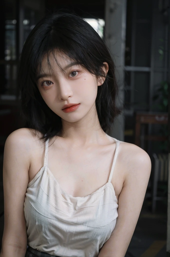 1 girl,Model,Upper Body,short hair,A faint smile,serene, calm,Moles under the eyes,Exquisite eyes, Delicate face,Lipstick,earrings,Hair details, skirt,(Dress conservatively:1.3)(Large Breasts:1.2),outdoor,background,城市background,(Skin details:1.4),(Realistic and detailed eyes:1.2), Natural skin texture, Realistic facial details,Close-up of face,Portrait Photography,(Portrait Photography:1.1), (smooth skin textures:1.3), (Highest quality real skin textures:1.4), Direct vision,Soft dramatic lighting, Vivid details, 35 mm film, (Photo Practical:1.4), (hyper Practical:1.4), (Practical:1.3), (Smoother lighting:1.05), (Improve lighting quality:0.9), (Enhance the beauty of skin texture:1.1), Depth of Field, Bokeh, Surrealism, Ray Tracing, ( Surrealism, High Detail, Chiaroscuro, Ray Tracing, reflected light, Ultra HD, Ultra HD, masterpiece, Textured Skin, Super Detail, High Detail, high quality, best quality