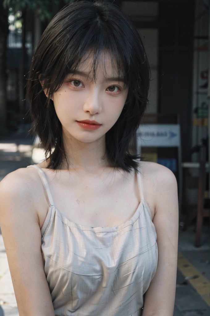 1 girl，Model，Upper Body，short hair,A faint smile,serene, calm，Moles under the eyes,Exquisite eyes, Delicate face,Lipstick,earrings,Hair details, skirt，（Dress conservatively：1.3）(Large Breasts:1.2),outdoor,background,城市background，(Skin details:1.4),(Realistic and detailed eyes：1.2）, Natural skin texture, Realistic facial details,Close-up of face,Portrait Photography,(Portrait Photography:1.1), (smooth skin textures:1.3), (Highest quality real skin textures:1.4), Direct vision,Soft dramatic lighting, Vivid details, 35 mm film, (Photo Practical:1.4), (hyper Practical:1.4), (Practical:1.3), (Smoother lighting:1.05), (Improve lighting quality:0.9), (Enhance the beauty of skin texture:1.1), Depth of Field, Bokeh, Surrealism, Ray Tracing, ( Surrealism, High Detail, Chiaroscuro, Ray Tracing, reflected light, Ultra HD, Ultra HD, masterpiece, Textured Skin, Super Detail, High Detail, high quality, best quality