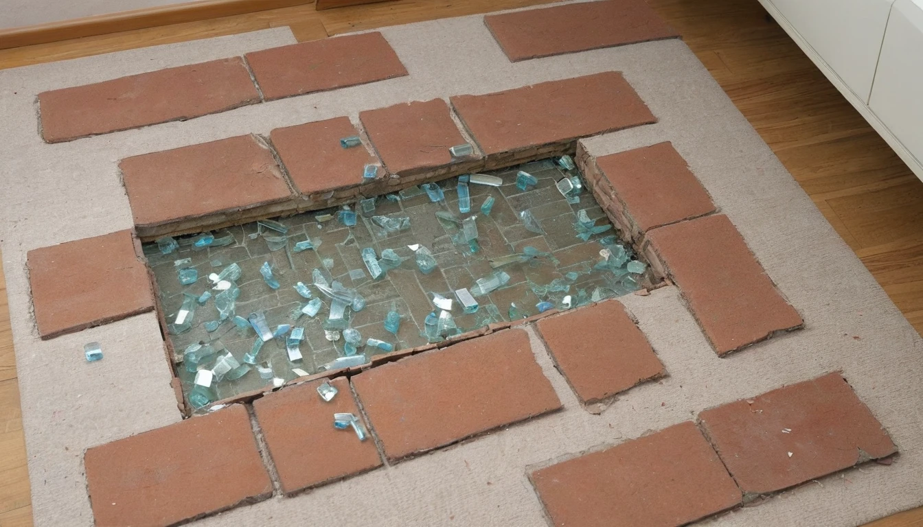 The image of a brick on the floor of a living room with broken glass around the brick. this brick was used to break the glass in the room.