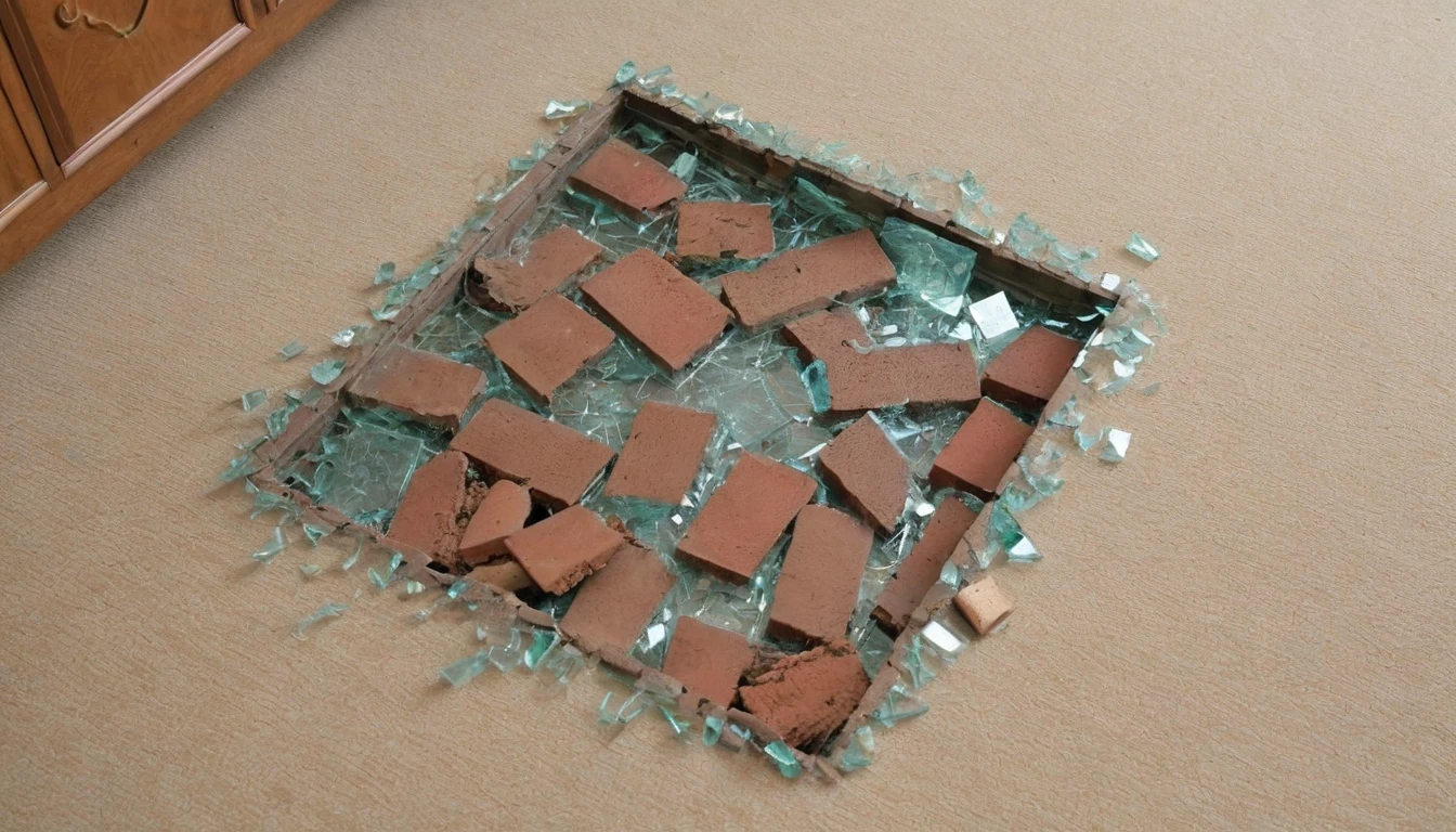 The image of a brick on the floor of a living room with broken glass around the brick. this brick was used to break the glass in the room.