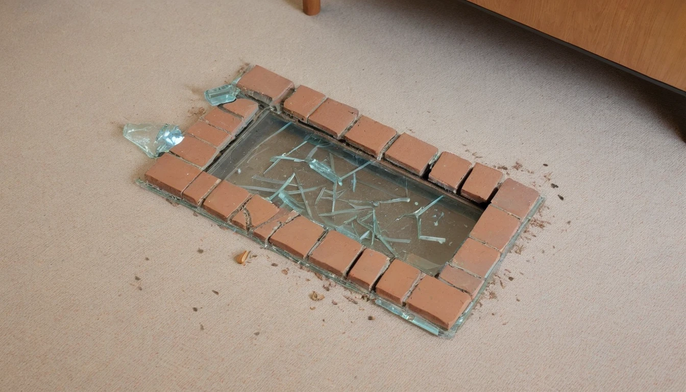 The image of a brick on the floor of a living room with broken glass around the brick. this brick was used to break the glass in the room.