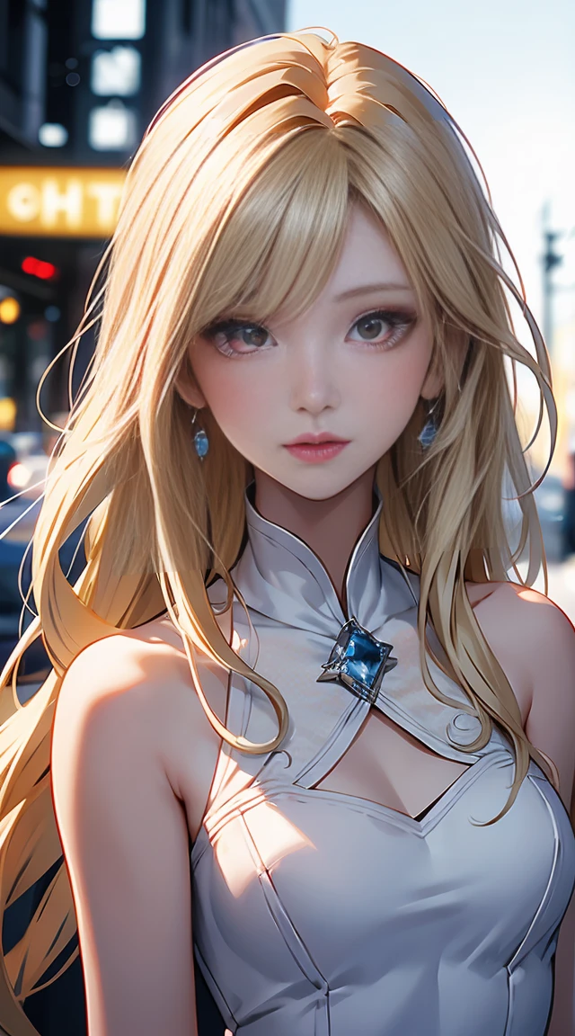 1girl,Albino, cute, beautiful, long hair, red eyes, wearing a white and blue dress, blonde hair,((8k, UHD, ultra realistic))