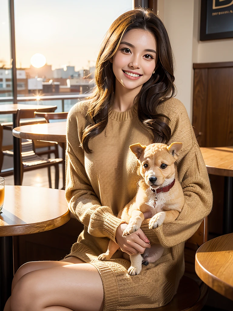 beautiful woman with long dark brown hair, round face, wearing a camel colored sweater, sitting at a cafe, drinking coffee, sunset lighting, smiling, showing teeth, holding a poodle puppy in her arms