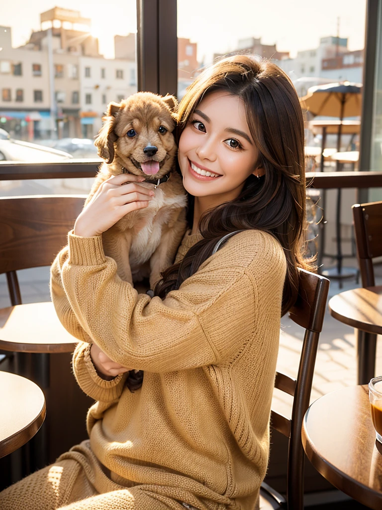 beautiful woman with long dark brown hair, round face, wearing a camel colored sweater, sitting at a cafe, drinking coffee, sunset lighting, smiling, showing teeth, holding a poodle puppy in her arms