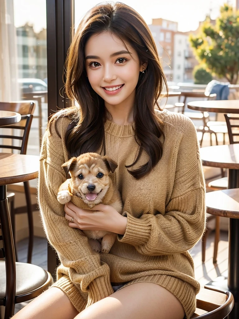 beautiful  woman with long dark brown hair, round face, wearing a camel colored sweater, sitting at a cafe, drinking coffee, sunset lighting, smiling, showing teeth, holding a poodle puppy in her arms