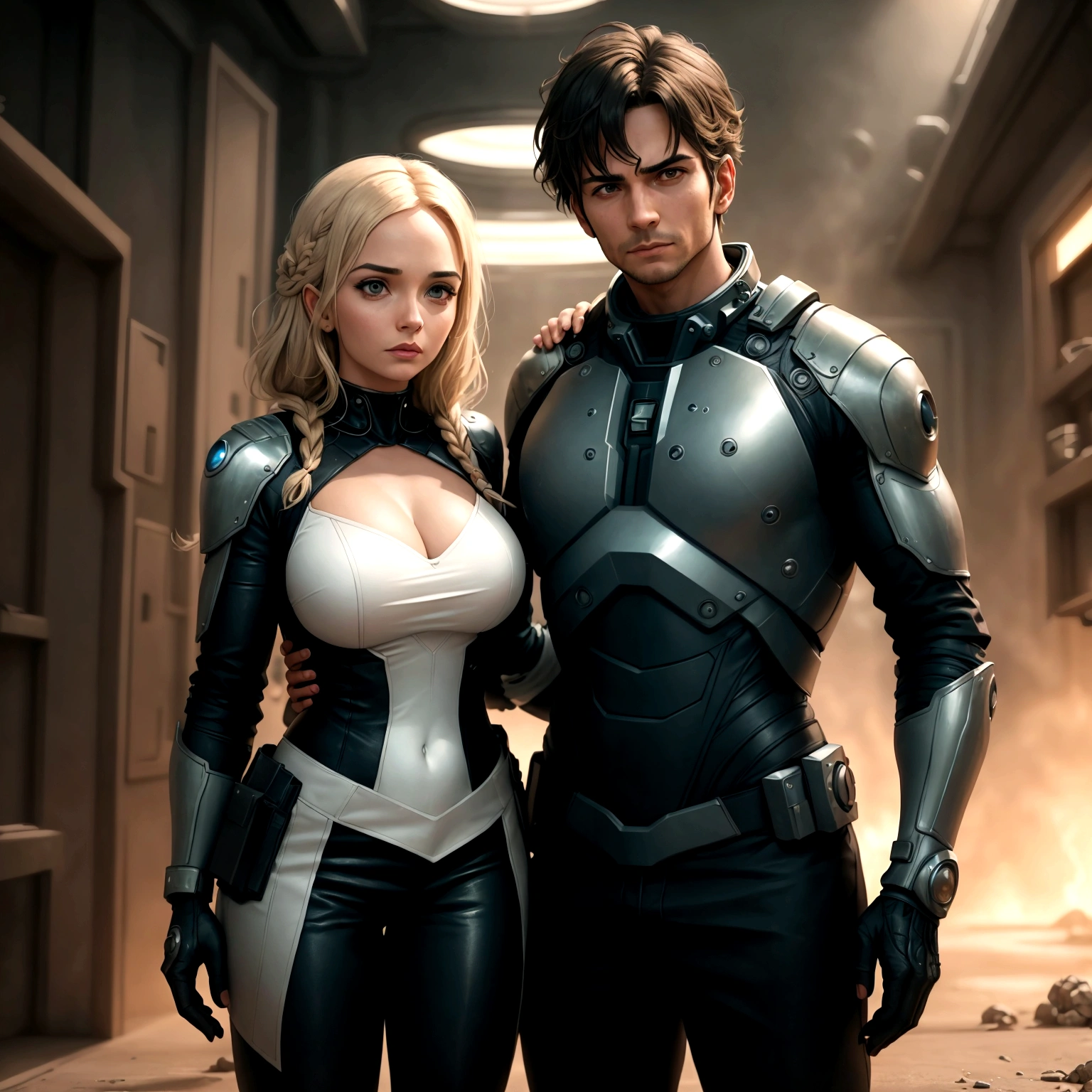 An image of a man and a woman who both dramatically save the world by going to another planet to stop threat.