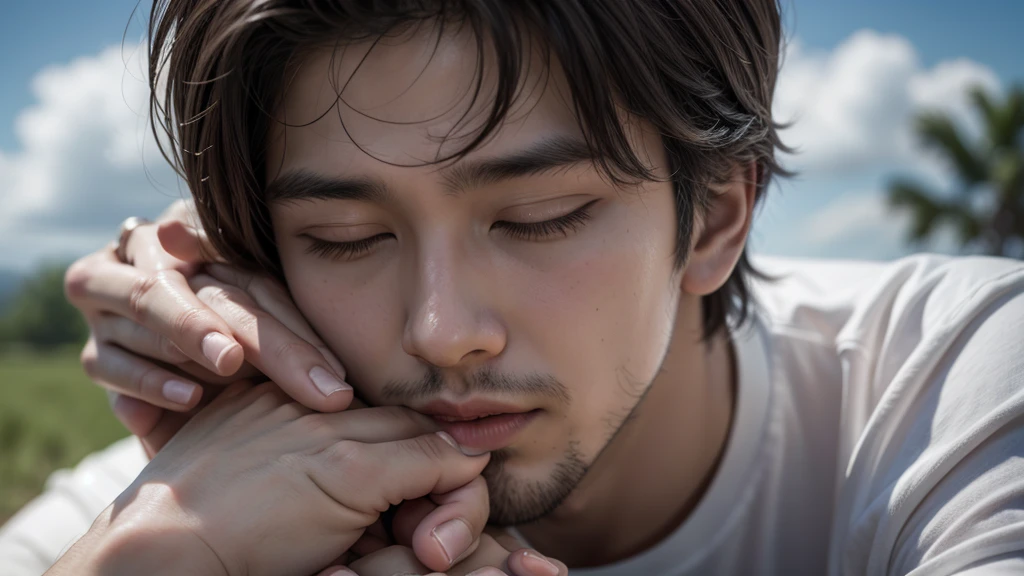 a 35 year old man praying on his knees and holding hands in prayer, slightly blurred cloud background, close-up of a man wearing a white shirt, eyes closed, light brown hair, detailed face, natural lighting, realistic, cinematic.