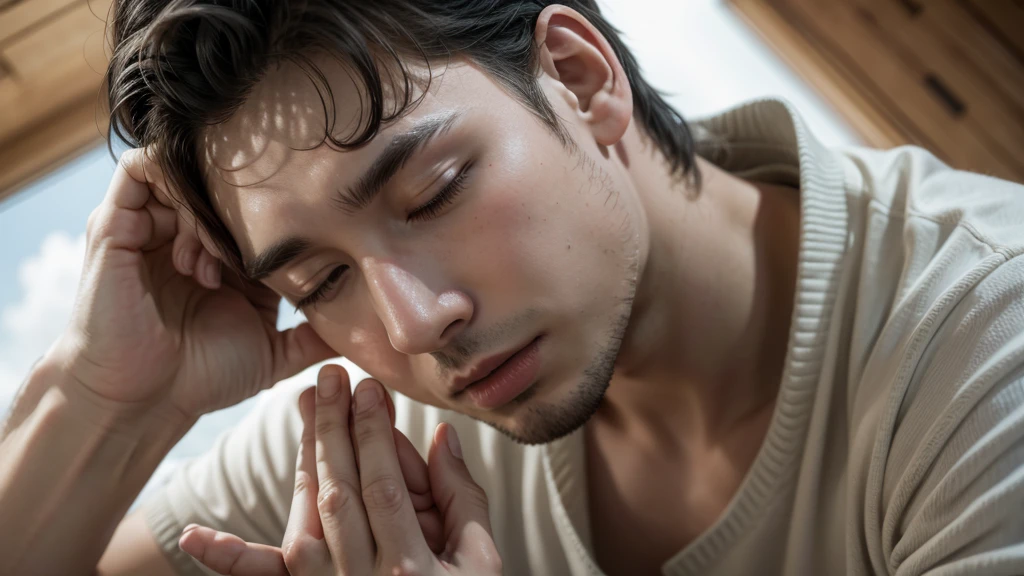 a 35 year old man praying on his knees and holding hands in prayer, slightly blurred cloud background, close-up of a man wearing a white shirt, eyes closed, light brown hair, detailed face, natural lighting, realistic, cinematic.