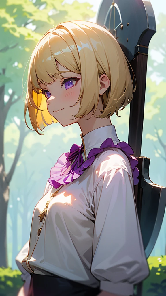 1 Girl、Anime-style paintings、Upper body close-up、From the side、Has an axe、Small breasts、smile、(blonde)、Bobcut、Beautiful purple eyes、Frilled blouse、Morning Park、Background Blur, Written boundary depth